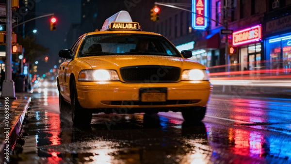 Fototapeta Dynamic Low-Angle Shot of Available Cab in Urban Setting