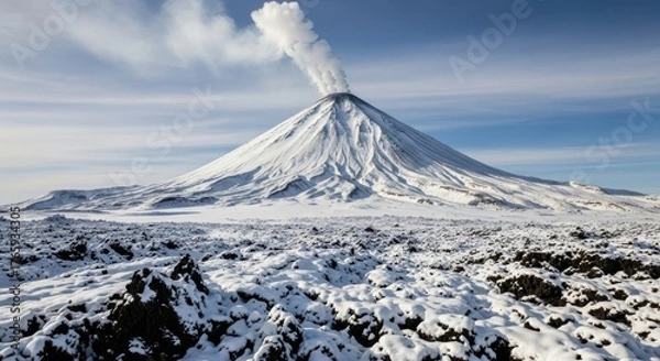 Fototapeta Snowcovered volcano with smoke plume rising into a clear blue sky