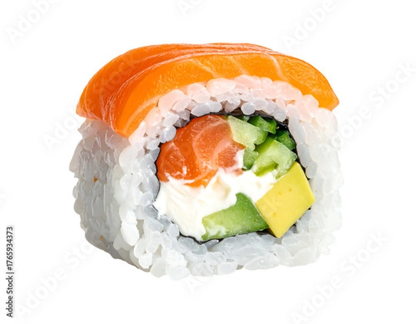Obraz Delicious salmon sushi roll with avocado and cream cheese isolated on transparent background