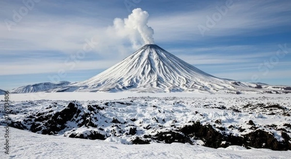 Fototapeta Snowcovered volcano with smoke plume rising into a clear blue sky