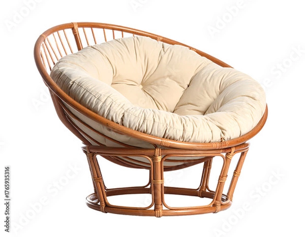 Obraz Round rattan papasan chair with cream cushion isolated on transparent background
