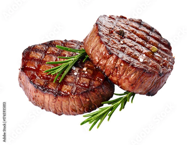 Obraz Two grilled beef tenderloin steaks with rosemary sprigs isolated on transparent background