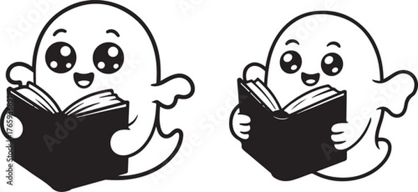 Obraz Reading Ghosts: Two adorable ghost characters engrossed in their reading, with eyes of pure joy and a sense of wonder in a simple, playful illustration.
