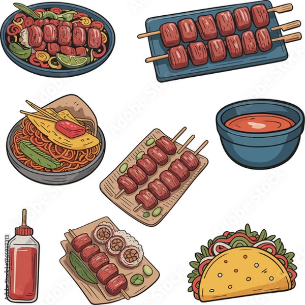 Fototapeta A set of sausages, hot dogs, and a hot dogs vector illustration of meat food on a white isolated background for a delicious meal or fast snack