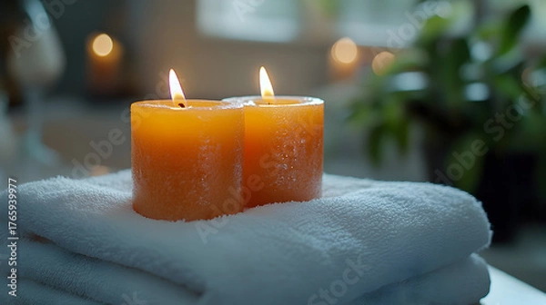 Fototapeta Two warm glowing orange pillar candles resting on soft white fluffy towels creating a serene spa atmosphere with bokeh lights in the background
