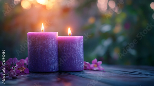 Fototapeta Two glowing purple pillar candles with floral accents on a rustic wooden surface with blurred bokeh background