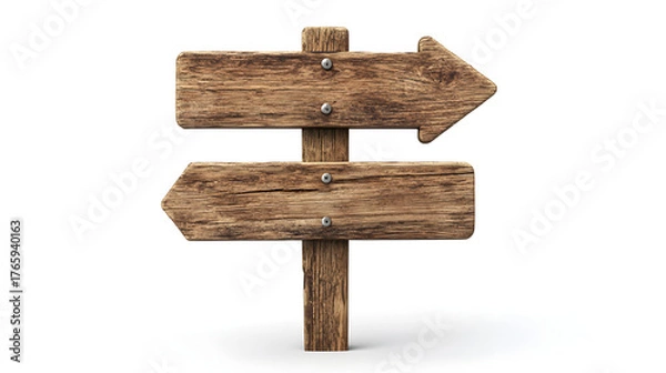 Fototapeta Rustic wooden signpost with two weathered directional arrows pointing left and right against a clean white background