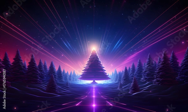 Fototapeta Neon purple abstract square tunnel in 3D render
