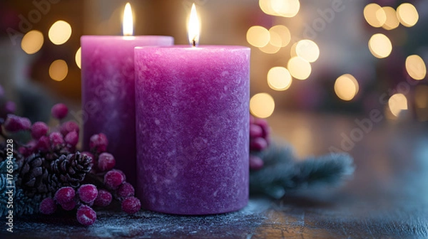 Fototapeta Two glowing purple pillar candles with festive berry and pinecone decorations and soft bokeh lights in the background