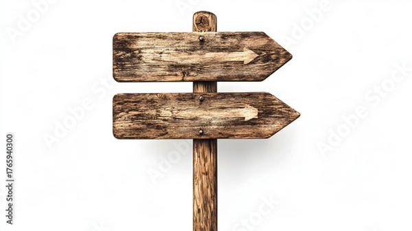 Fototapeta Rustic wooden directional signpost with two weathered arrow signs pointing in opposite directions on a white background