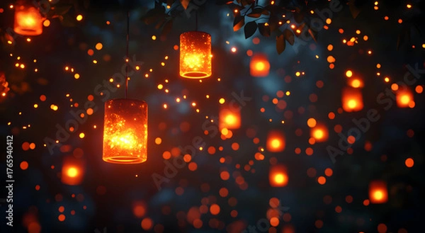 Fototapeta Thousands of glowing paper lanterns float upwards into the dark night sky creating a magical and festive atmosphere