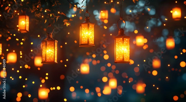 Fototapeta Magical glowing lanterns and fairy lights illuminate a dark night creating a warm and enchanting atmosphere for celebration or decoration