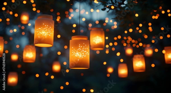 Fototapeta Warm glowing paper lanterns and fairy lights illuminate a magical outdoor evening scene creating a festive and enchanting atmosphere