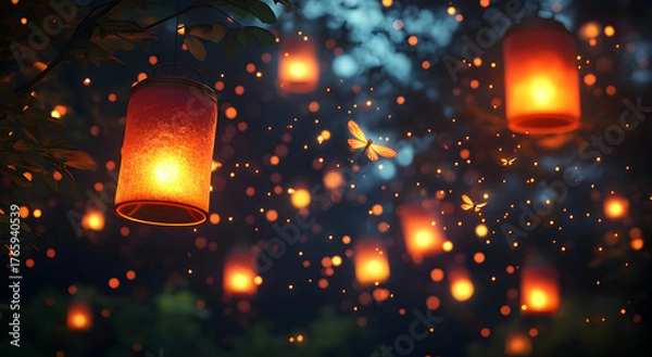 Fototapeta Thousands of glowing orange paper lanterns float upwards into the dark night sky creating a magical and festive atmosphere