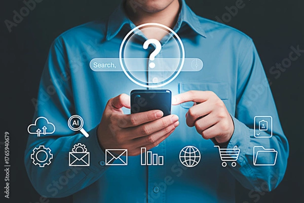 Fototapeta Searching for answers online using mobile phone and ai technology for information and assistance