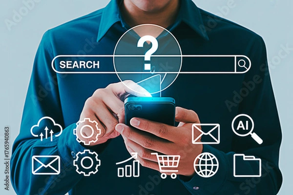 Fototapeta Mobile search technology concept using ai and internet connection for online business and marketing strategy