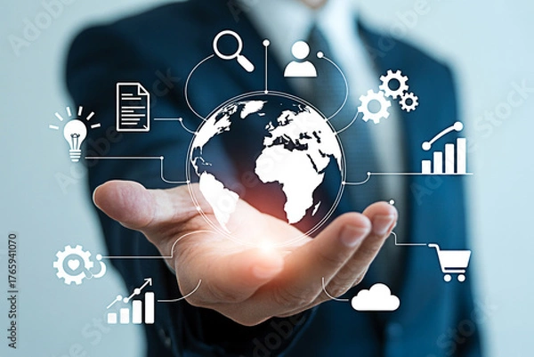 Fototapeta Global business strategy and technology solutions for international market expansion success