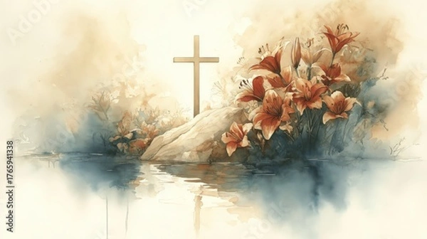 Obraz Sacred watercolor landscape with cross, lilies, and gentle sunrise.