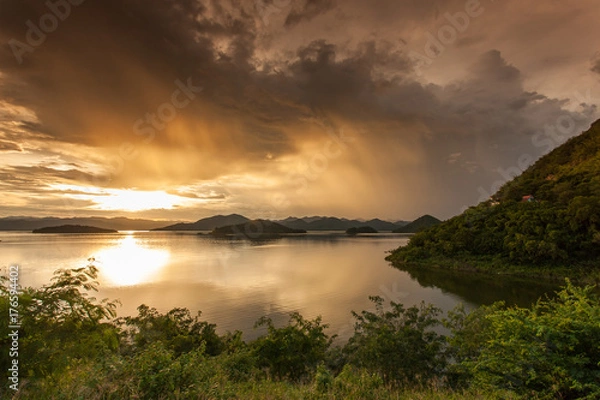 Fototapeta Natural view after the rain so beautiful with sunrise and reflection on the lake