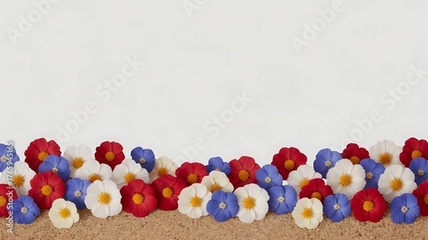 Obraz A colorful border of red, white, and blue flowers sits on a sandy surface against a light background