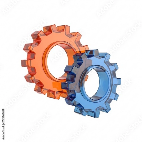 Obraz 3D Gears Icon. Glassmorphism symbol for engineering, technology, and teamwork process. Interlocking cogs isolated on white background.