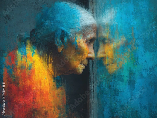 Fototapeta Woman gazes into a mirror as her reflection gradually fades, representing the impact of Alzheimer's disease on memory and identity