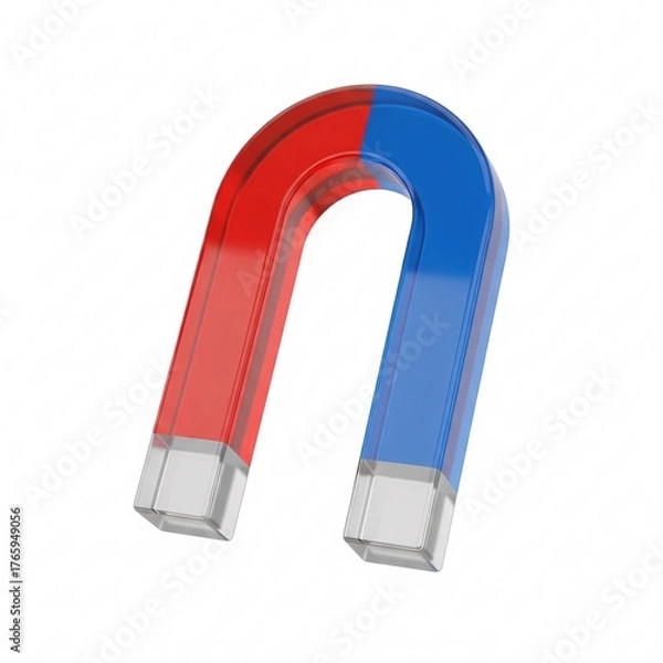 Obraz 3D Magnet Icon. Horseshoe magnet in glassmorphism style. Physics and science symbol of attraction. Glossy render isolated on white.