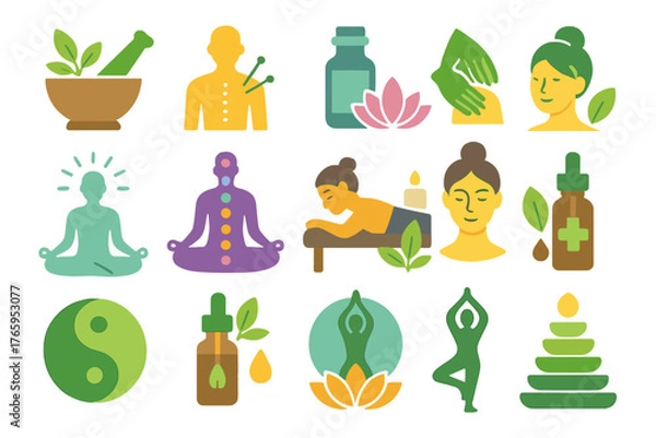 Obraz Holistic Wellness and Meditation Set – Yoga, Acupuncture and Natural Therapy Illustration