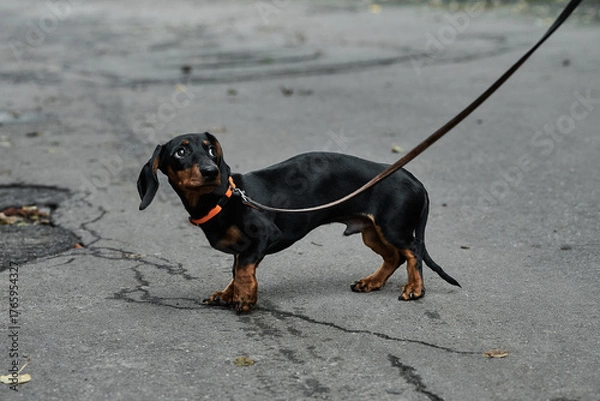 Fototapeta Curious dachshund on a leash looking up while walking on a cracked road