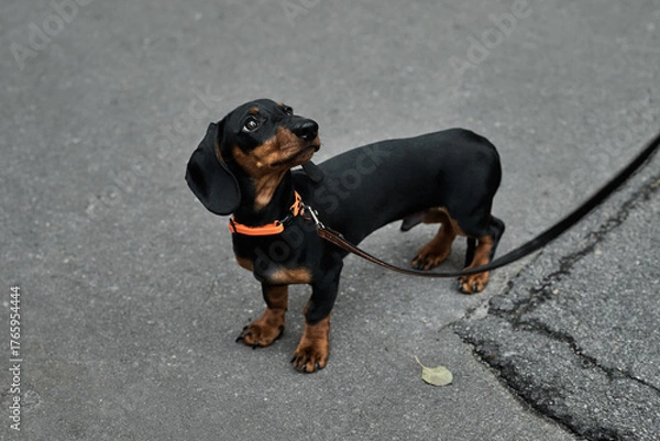 Fototapeta Adorable dachshund puppy on a walk, looking up with curiosity