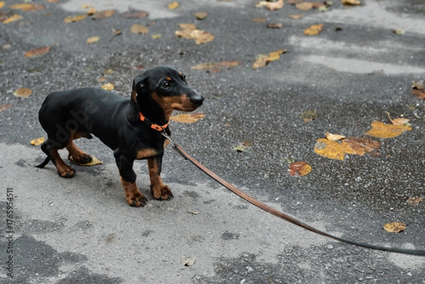 Fototapeta Black and tan dachshund puppy on a leash looking to the side