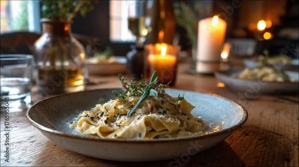 Fototapeta   A bowl of pasta with a sprig of rosemary rests on a table in front of a lit candle