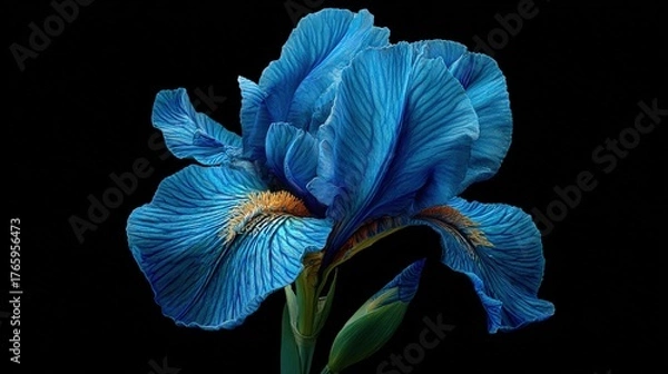 Fototapeta   Close-up of a blue flower against a black backdrop, featuring a single blue bloom in the foreground
