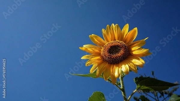 Fototapeta   A magnificent sunflower towers above a sapphire sky, surrounded by verdant foliage at its base