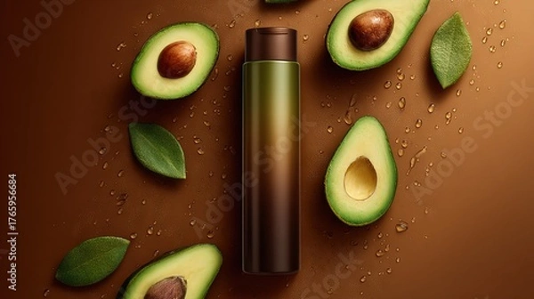 Fototapeta   Avocado & Lip Balm on Brown Background with Leaves & Water Drops