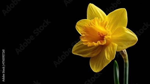 Obraz   Yellow Daffodil on Black Background - Green Stem