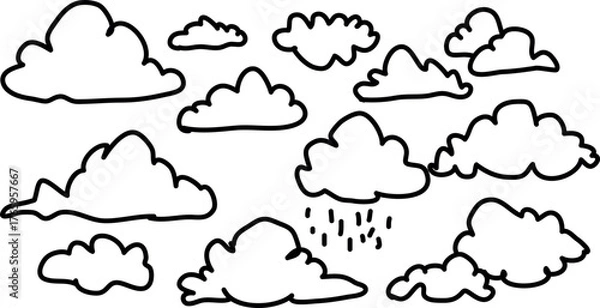 Fototapeta Black outline clouds and rain drops on white background