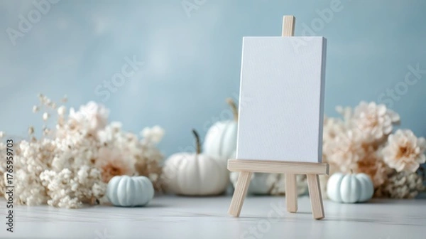 Fototapeta Autumn Artistry: A miniature art easel stands ready, centered amidst a curated composition of decorative pumpkins and delicate floral accents.