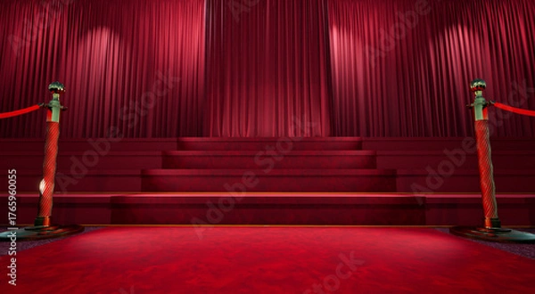 Obraz red carpet with barrieres leading to a staircase with red curtain