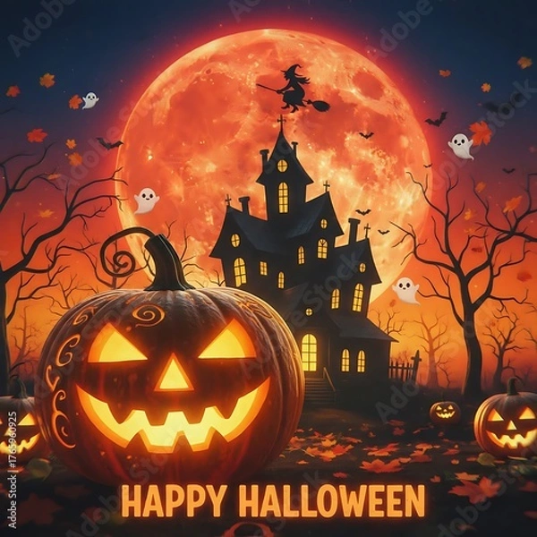 Fototapeta Spooky halloween scene with jack o lanterns haunted house and full moon
