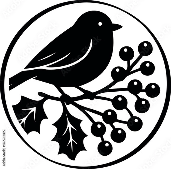 Obraz Winter holidays laser cut circle coaster template with bird on holly branch  ornaments. Cnc cutting with metal, wood, glass, engraving. Christmas decor. Vector round design