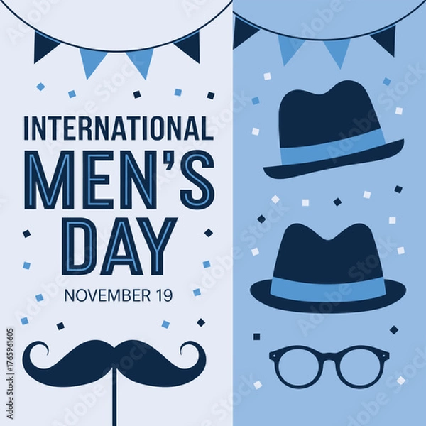Fototapeta Vector art of international mens day poster with a split design, showcasing hats, mustaches, and glasses on one side and text on the other, celebrating men on november 19th