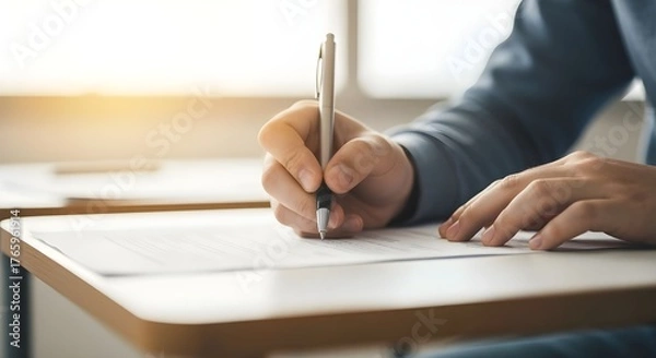 Fototapeta Student Hand Writing on Paper in Classroom with Warm Light — Education and Learning Concept.