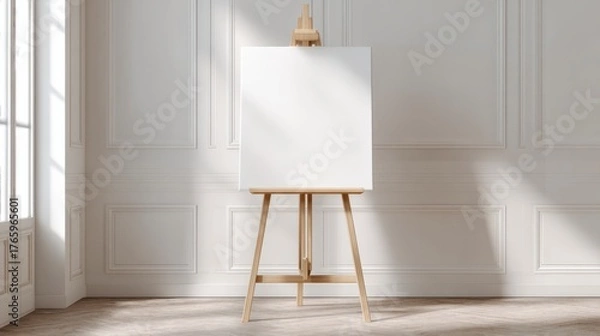 Obraz Blank Canvas of Creativity: A clean, inviting canvas stands poised on a wooden easel in a bright room with classic molding. Bathed in natural light, the canvas holds the promise of potential. 