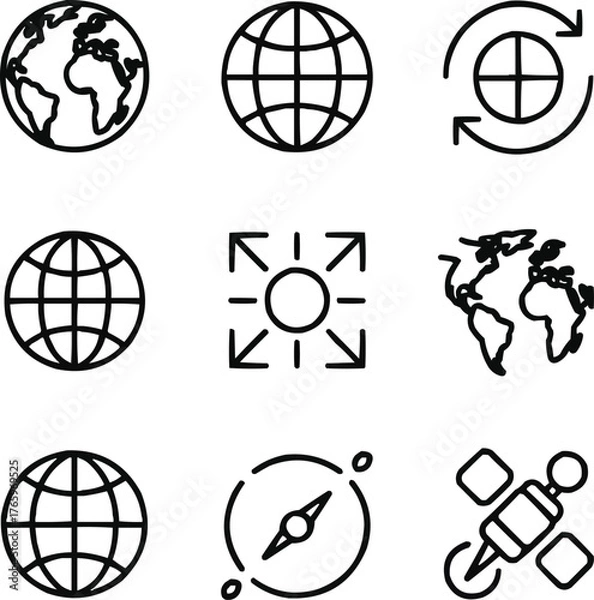 Fototapeta Editable Stroke Earth Globe Icons Collection  Geography and Global Network Concepts