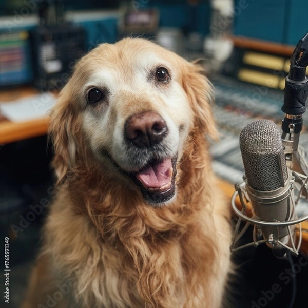 Fototapeta a gloden retriever talking in a podcast studio