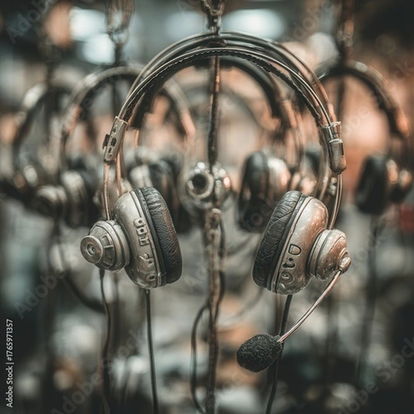 Fototapeta A multiple headphone person for telemarketing work,and a note that we are hiring with the phone number