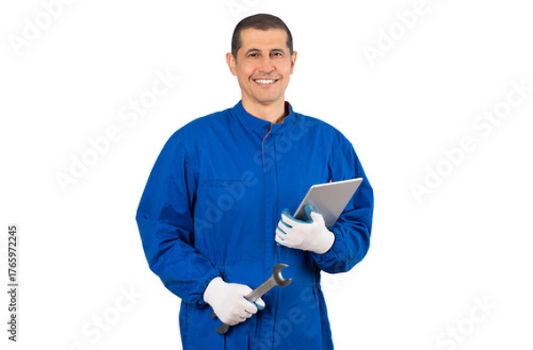 Fototapeta Portrait of smiling male repairman holding wrench and digital tablet against a white background.