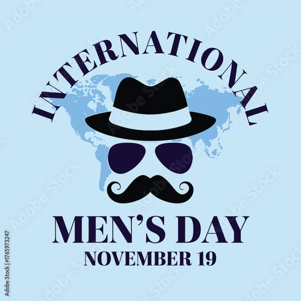 Fototapeta Vector art of international mens day celebration with a stylish mans hat, sunglasses, and mustache graphic on a world map background