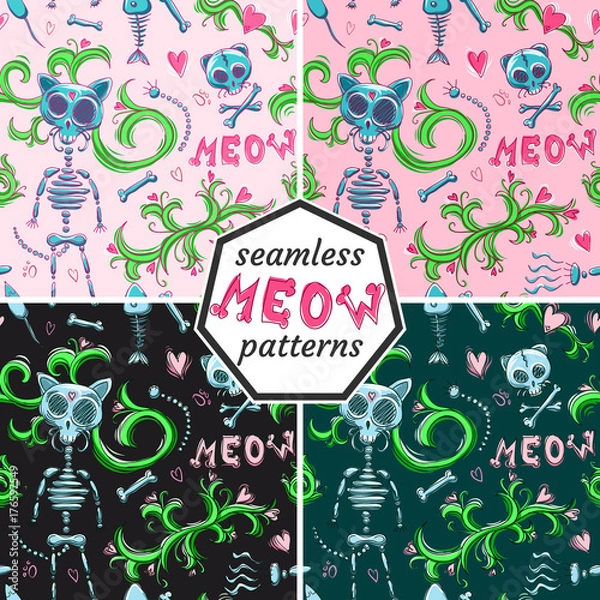 Fototapeta Set. Cat's patterns. Bones. Seamless patterns.
